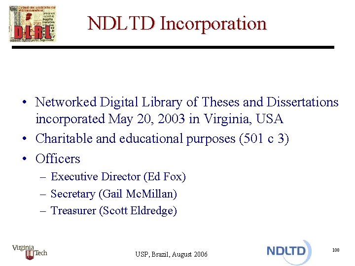 NDLTD Incorporation • Networked Digital Library of Theses and Dissertations incorporated May 20, 2003