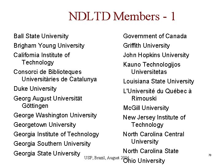 NDLTD Members - 1 Ball State University Government of Canada Brigham Young University Griffith