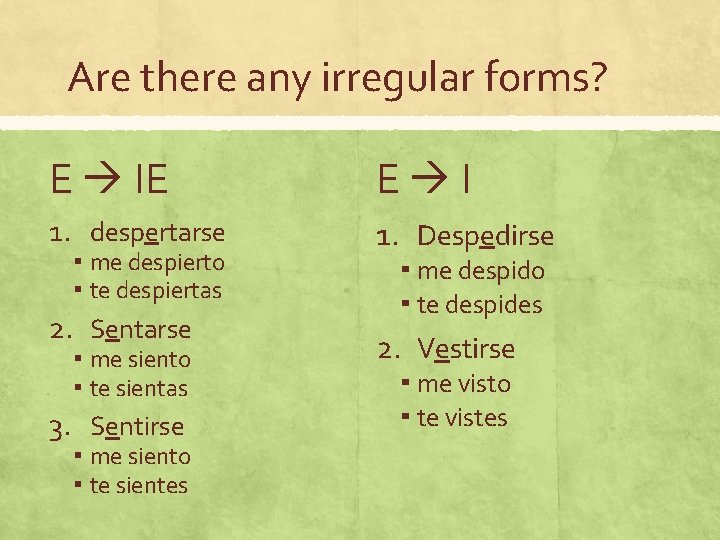 Are there any irregular forms? E IE E I 1. despertarse 1. Despedirse ▪