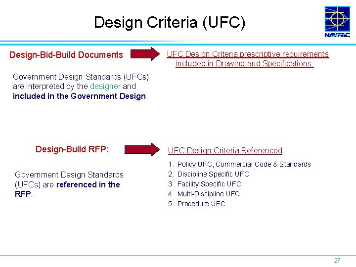 Design Criteria (UFC) Design-Bid-Build Documents UFC Design Criteria prescriptive requirements included in Drawing and