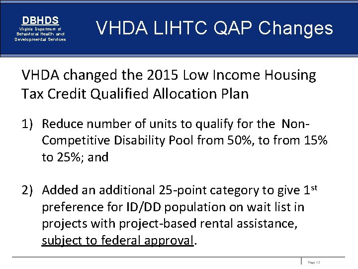 DBHDS Virginia Department of Behavioral Health and Developmental Services VHDA LIHTC QAP Changes VHDA