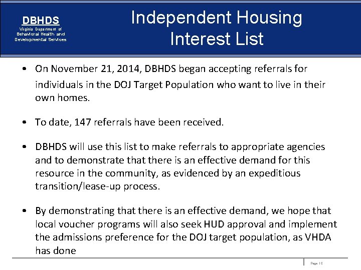 DBHDS Virginia Department of Behavioral Health and Developmental Services Independent Housing Interest List •