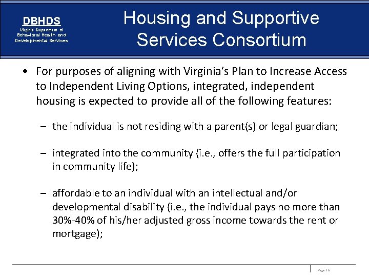 DBHDS Virginia Department of Behavioral Health and Developmental Services Housing and Supportive Services Consortium