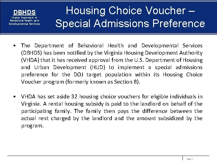 DBHDS Virginia Department of Behavioral Health and Developmental Services Housing Choice Voucher – Special