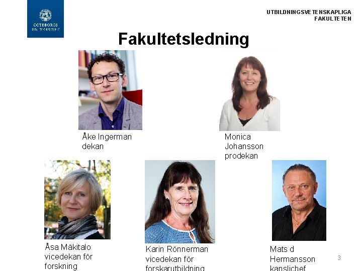 UTBILDNINGSVETENSKAPLIGA FAKULTETEN Fakultetsledning Åke Ingerman dekan Åsa Mäkitalo vicedekan för forskning Monica Johansson prodekan