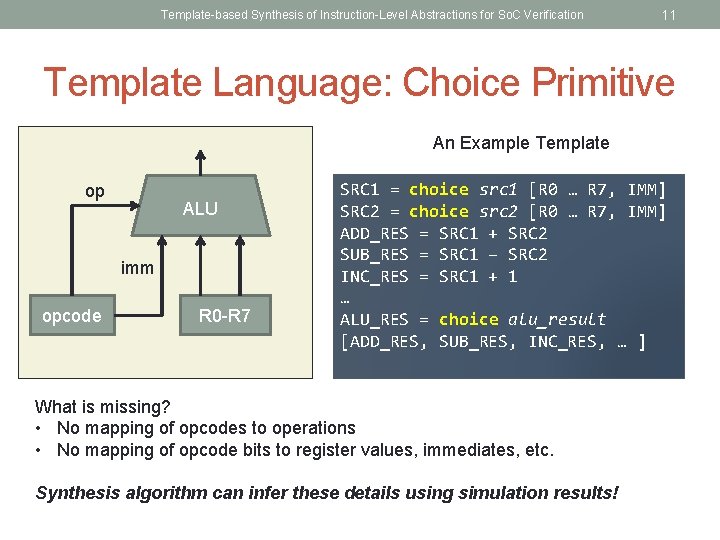 Template-based Synthesis of Instruction-Level Abstractions for So. C Verification 11 Template Language: Choice Primitive