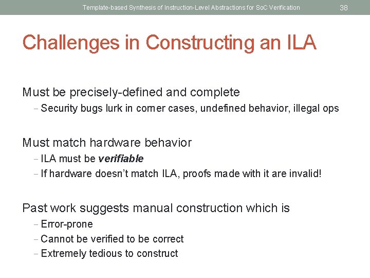 Template-based Synthesis of Instruction-Level Abstractions for So. C Verification Challenges in Constructing an ILA