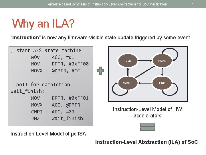 Template-based Synthesis of Instruction-Level Abstractions for So. C Verification 4 Why an ILA? “Instruction”