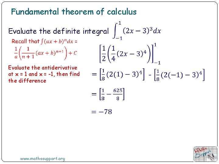 Fundamental theorem of calculus Evaluate the definite integral Evaluate the antiderivative at x =