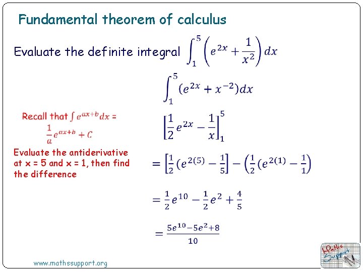 Fundamental theorem of calculus Evaluate the definite integral Evaluate the antiderivative at x =