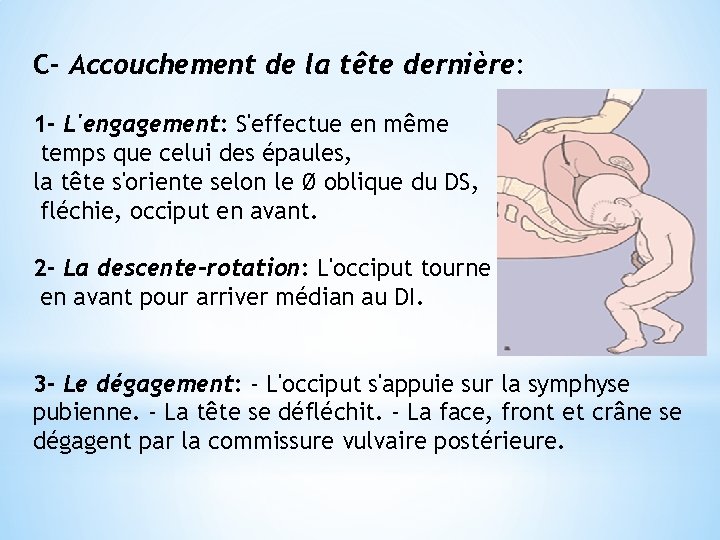 C- Accouchement de la tête dernière: 1 - L'engagement: S'effectue en même temps que