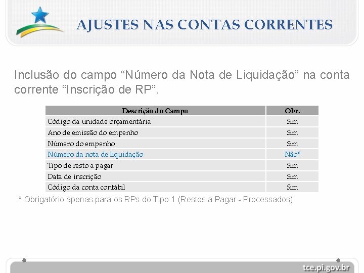 AJUSTES NAS CONTAS CORRENTES Inclusão do campo “Número da Nota de Liquidação” na conta