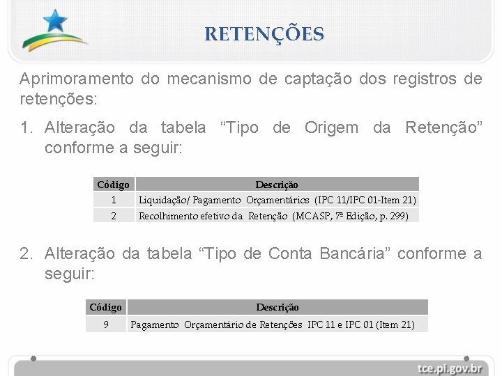 RETENÇÕES Aprimoramento do mecanismo de captação dos registros de retenções: 1. Alteração da tabela