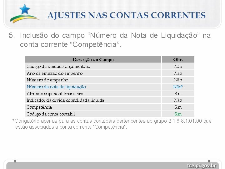 AJUSTES NAS CONTAS CORRENTES 5. Inclusão do campo “Número da Nota de Liquidação” na