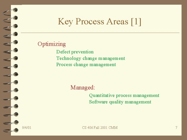 Key Process Areas [1] Optimizing Defect prevention Technology change management Process change management Managed: