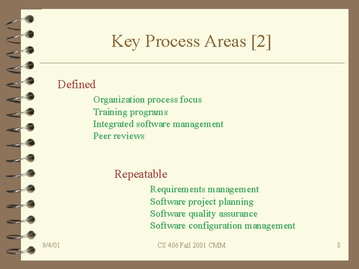 Key Process Areas [2] Defined Organization process focus Training programs Integrated software management Peer