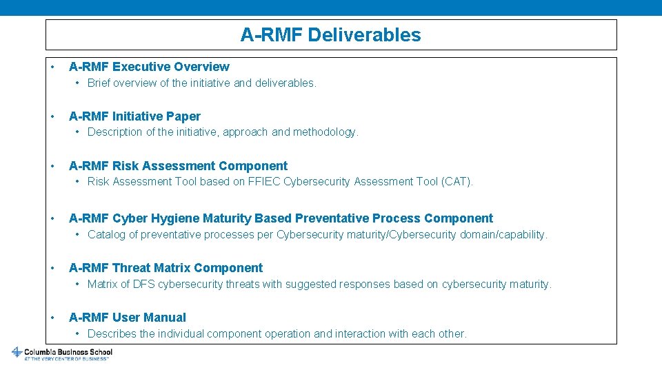 A-RMF Deliverables • A-RMF Executive Overview • Brief overview of the initiative and deliverables.