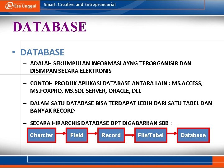 DATABASE • DATABASE – ADALAH SEKUMPULAN INFORMASI AYNG TERORGANISIR DAN DISIMPAN SECARA ELEKTRONIS – DATABASE • DATABASE – ADALAH SEKUMPULAN INFORMASI AYNG TERORGANISIR DAN DISIMPAN SECARA ELEKTRONIS –