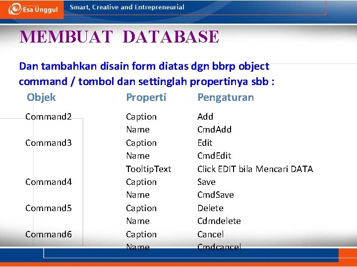 MEMBUAT DATABASE Dan tambahkan disain form diatas dgn bbrp object command / tombol dan MEMBUAT DATABASE Dan tambahkan disain form diatas dgn bbrp object command / tombol dan