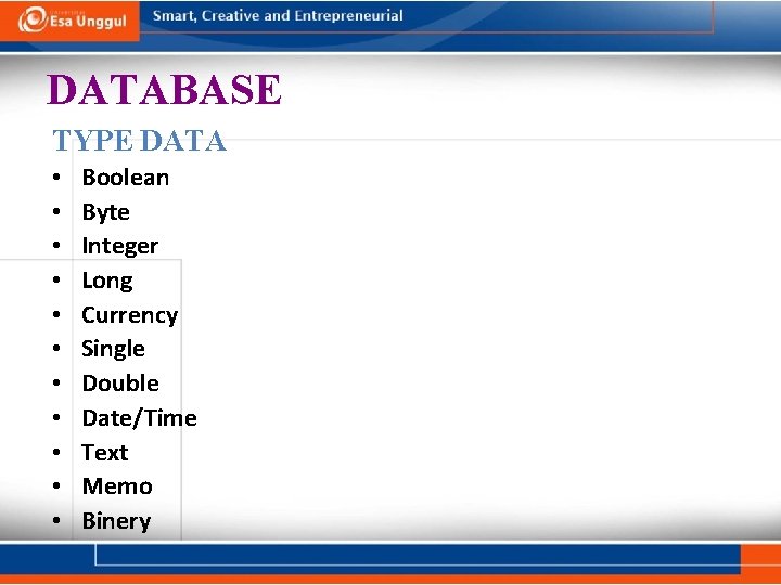 DATABASE TYPE DATA • • • Boolean Byte Integer Long Currency Single Double Date/Time DATABASE TYPE DATA • • • Boolean Byte Integer Long Currency Single Double Date/Time