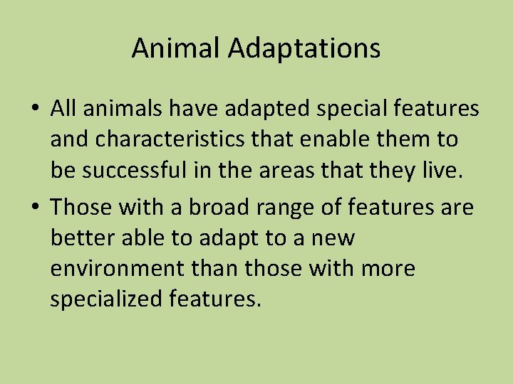 Animal Adaptations • All animals have adapted special features and characteristics that enable them