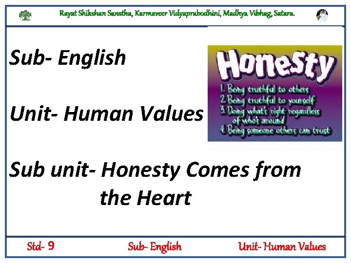 Rayat Shikshan Sanstha, Karmaveer Vidyaprabodhini, Madhya Vibhag, Satara. Sub- English Unit- Human Values Sub
