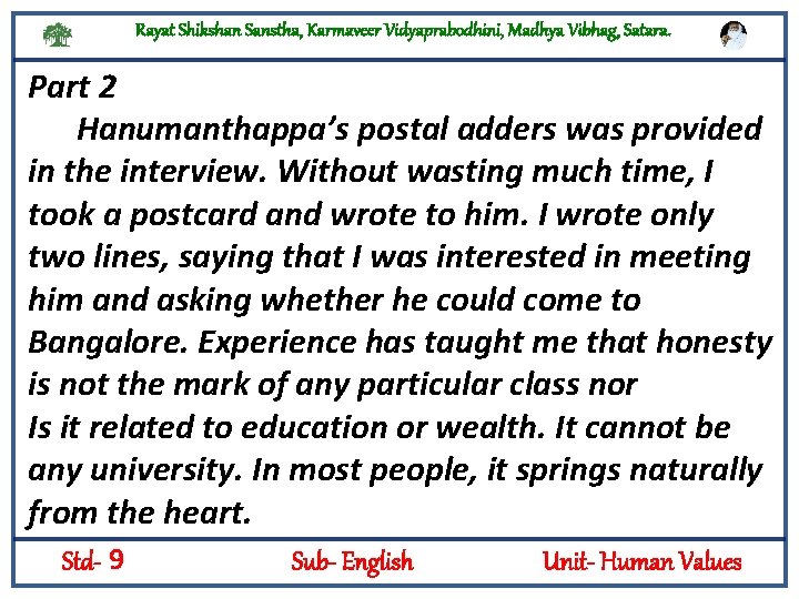 Rayat Shikshan Sanstha, Karmaveer Vidyaprabodhini, Madhya Vibhag, Satara. Part 2 Hanumanthappa’s postal adders was