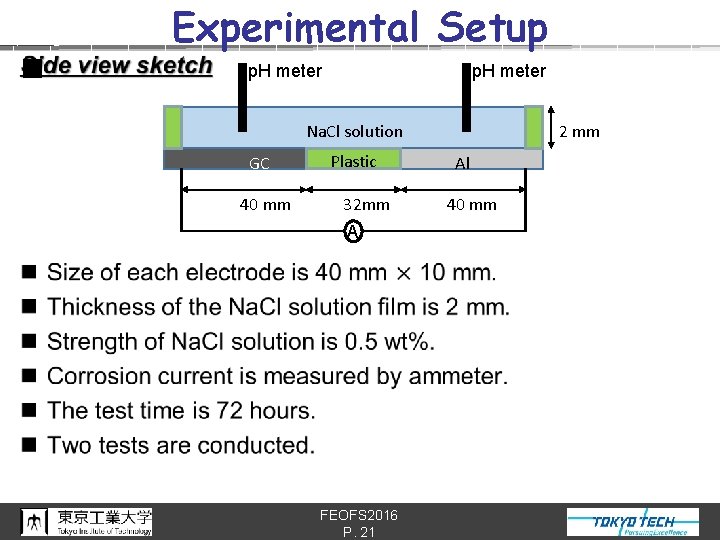 n Experimental Setup p. H meter 2 mm Na. Cl solution GC 40 mm