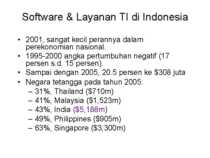 Software & Layanan TI di Indonesia • 2001, sangat kecil perannya dalam perekonomian nasional.