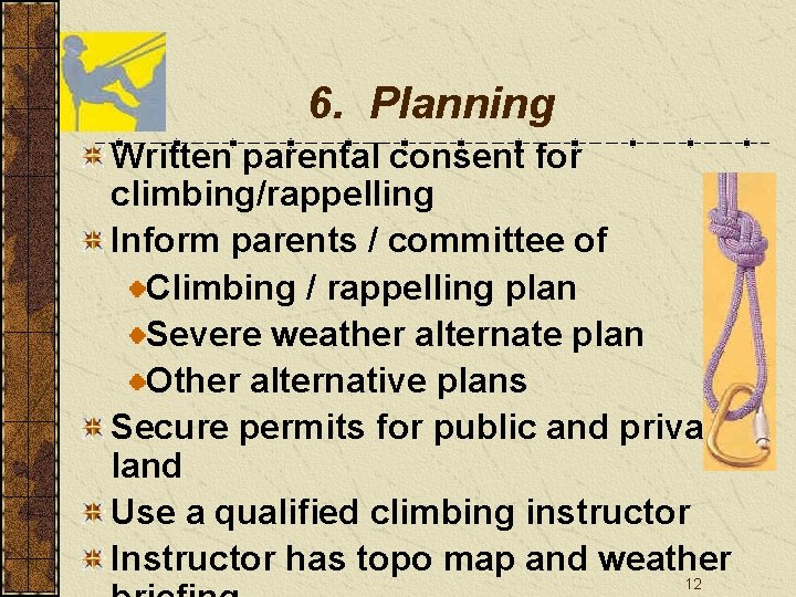 6. Planning Written parental consent for climbing/rappelling Inform parents / committee of Climbing /