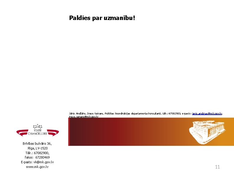 Paldies par uzmanību! Jānis Andžāns, Inese Vaivare, Politikas koordinācijas departamenta konsultanti, tālr. : 67082983,