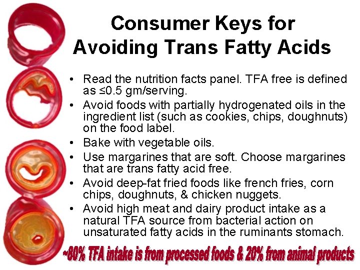 Consumer Keys for Avoiding Trans Fatty Acids • Read the nutrition facts panel. TFA