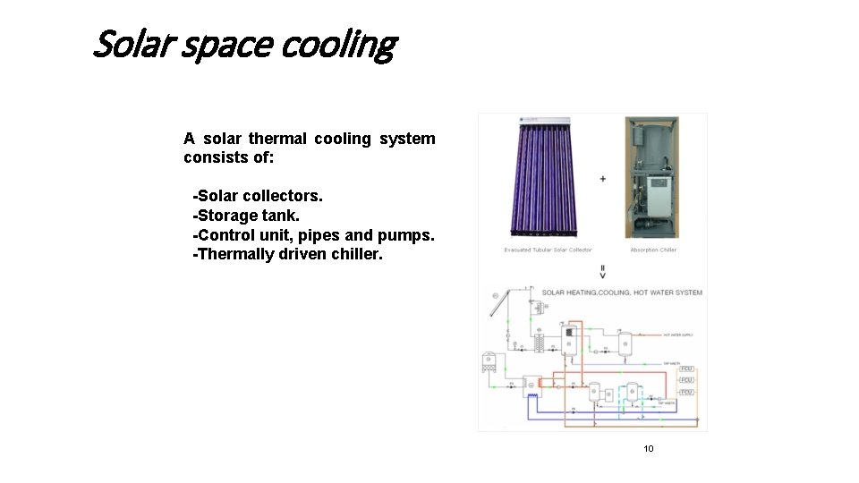 Solar space cooling A solar thermal cooling system consists of: -Solar collectors. -Storage tank.