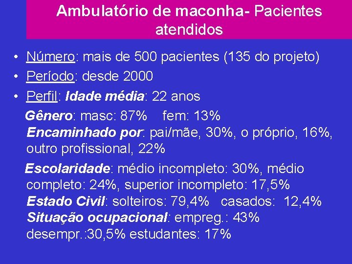 Ambulatório de maconha- Pacientes atendidos • Número: mais de 500 pacientes (135 do projeto)