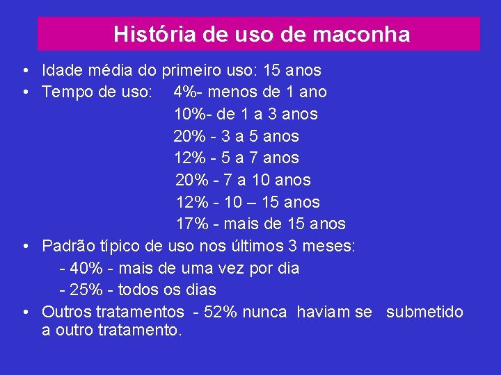 História de uso de maconha • Idade média do primeiro uso: 15 anos •