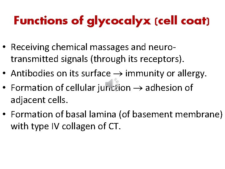Functions of glycocalyx (cell coat) • Receiving chemical massages and neurotransmitted signals (through its