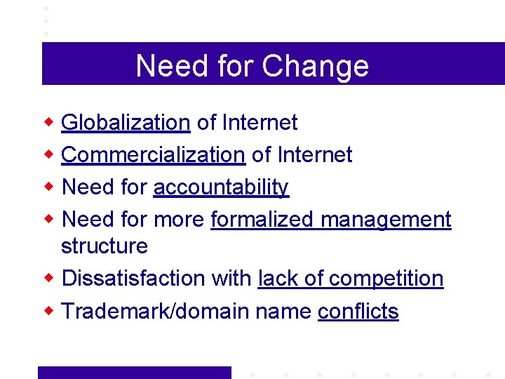 Need for Change w Globalization of Internet w Commercialization of Internet w Need for