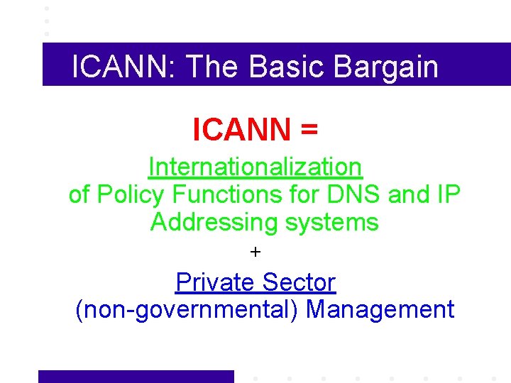 ICANN: The Basic Bargain ICANN = Internationalization of Policy Functions for DNS and IP