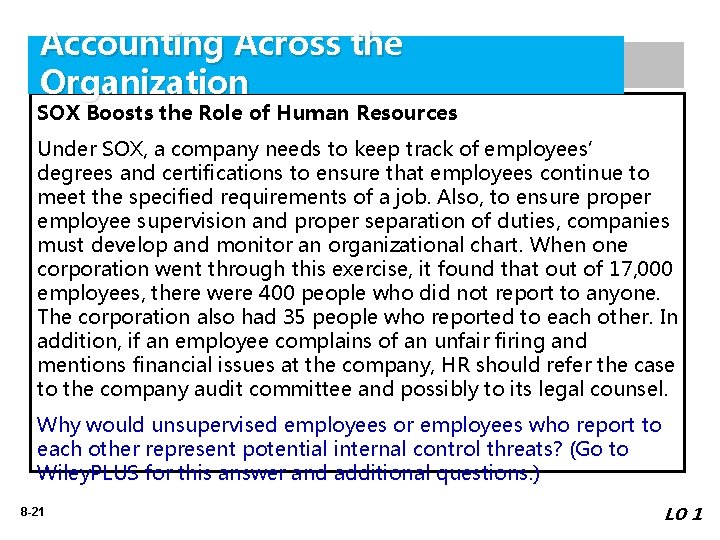 Accounting Across the Organization SOX Boosts the Role of Human Resources Under SOX, a