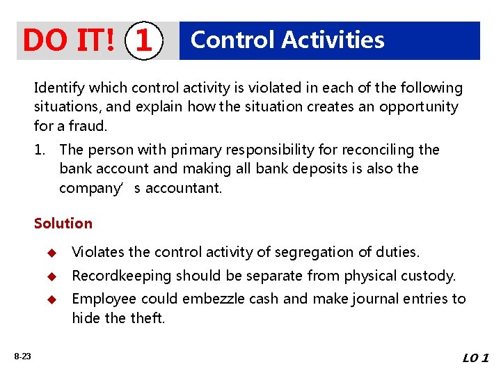 DO IT! 1 Control Activities Identify which control activity is violated in each of