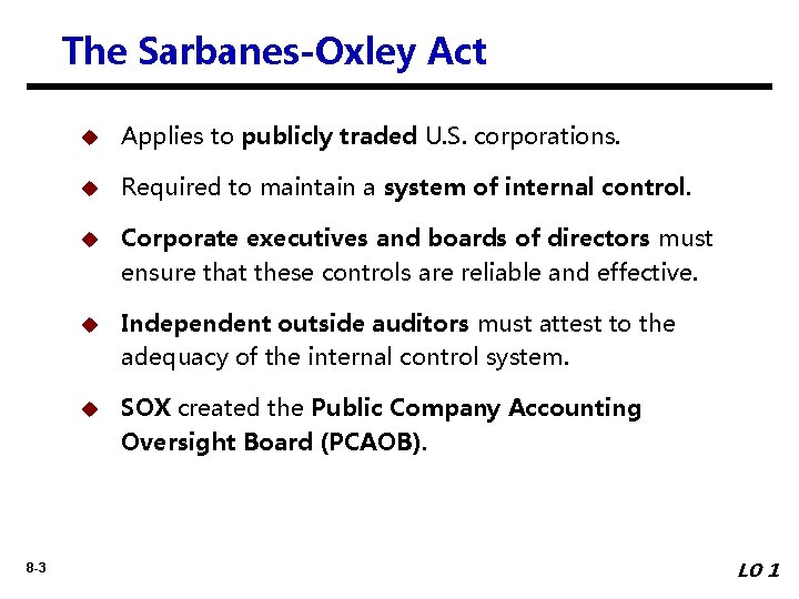 The Sarbanes-Oxley Act 8 -3 u Applies to publicly traded U. S. corporations. u