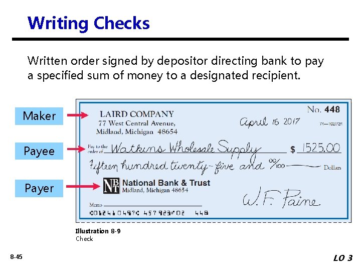 Writing Checks Written order signed by depositor directing bank to pay a specified sum