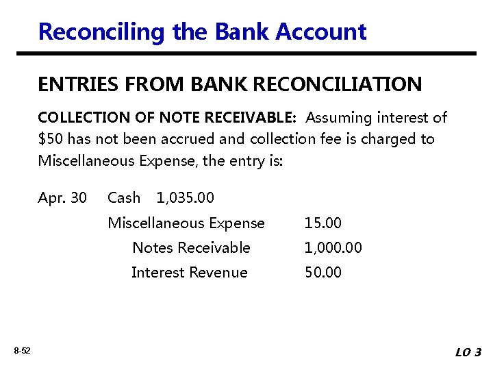 Reconciling the Bank Account ENTRIES FROM BANK RECONCILIATION COLLECTION OF NOTE RECEIVABLE: Assuming interest