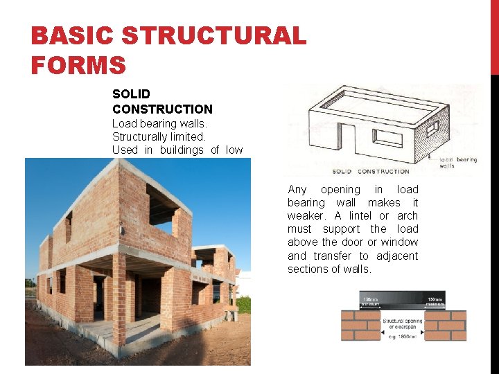 BASIC STRUCTURAL FORMS SOLID CONSTRUCTION Load bearing walls. Structurally limited. Used in buildings of