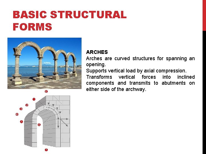 BASIC STRUCTURAL FORMS ARCHES Arches are curved structures for spanning an opening. Supports vertical