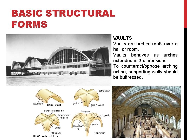 BASIC STRUCTURAL FORMS VAULTS Vaults are arched roofs over a hall or room. Vaults