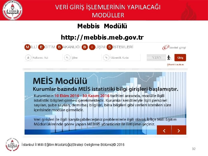 VERİ GİRİŞ İŞLEMLERİNİN YAPILACAĞI MODÜLLER Mebbis Modülü http: //mebbis. meb. gov. tr İstanbul İl