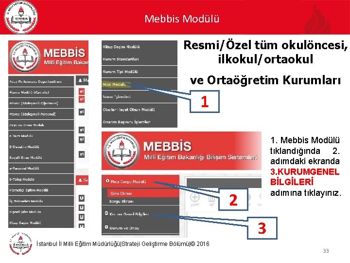 Mebbis Modülü Resmi/Özel tüm okulöncesi, ilkokul/ortaokul ve Ortaöğretim Kurumları 1 1. Mebbis Modülü tıklandığında