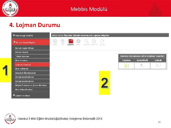 Mebbis Modülü 4. Lojman Durumu 1 2 İstanbul İl Milli Eğitim Müdürlüğü|Strateji Geliştirme Bölümü|©