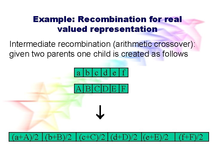 Example: Recombination for real valued representation Intermediate recombination (arithmetic crossover): given two parents one Example: Recombination for real valued representation Intermediate recombination (arithmetic crossover): given two parents one